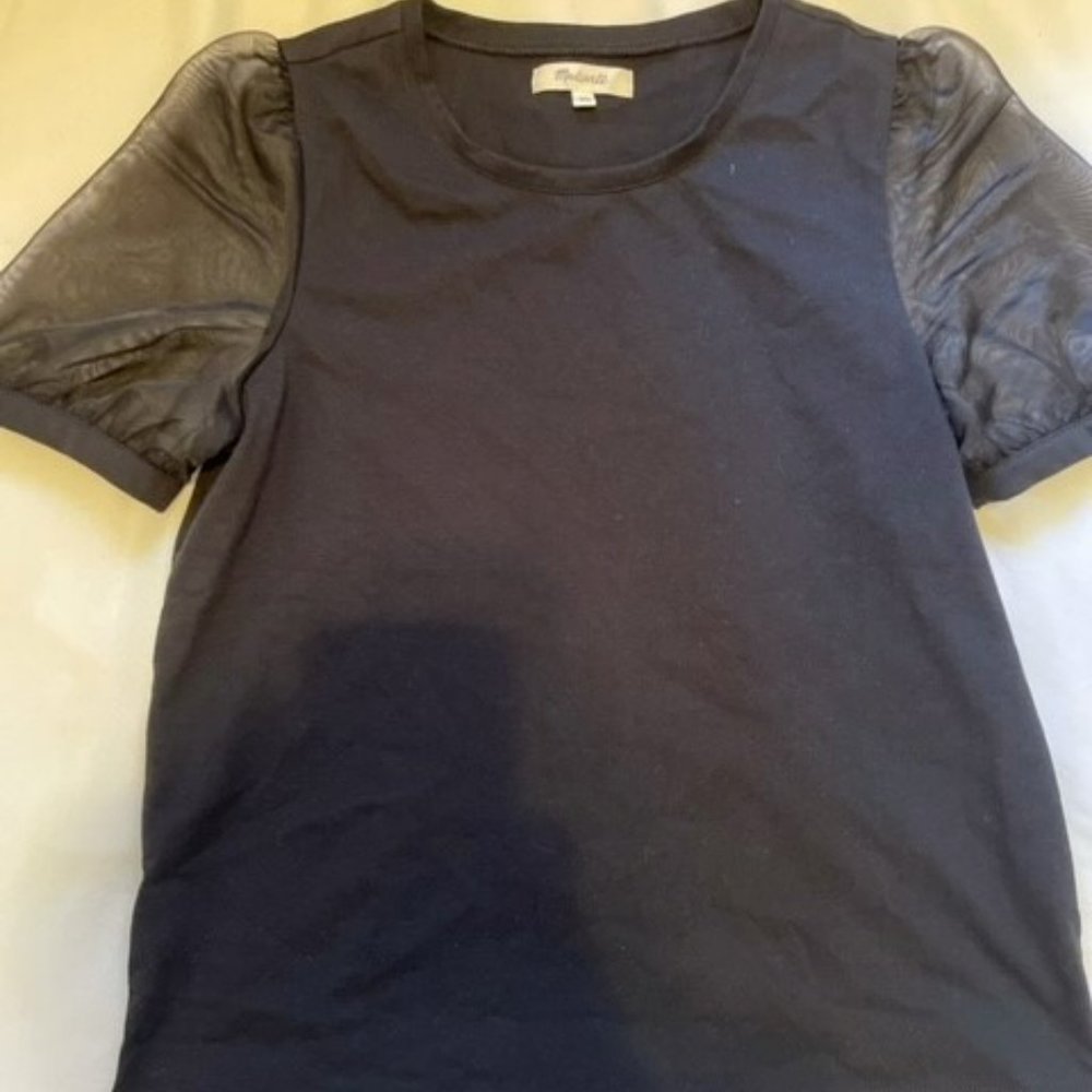 Madewell Black Tee with Chiffon Puff Sleeve Size XS
